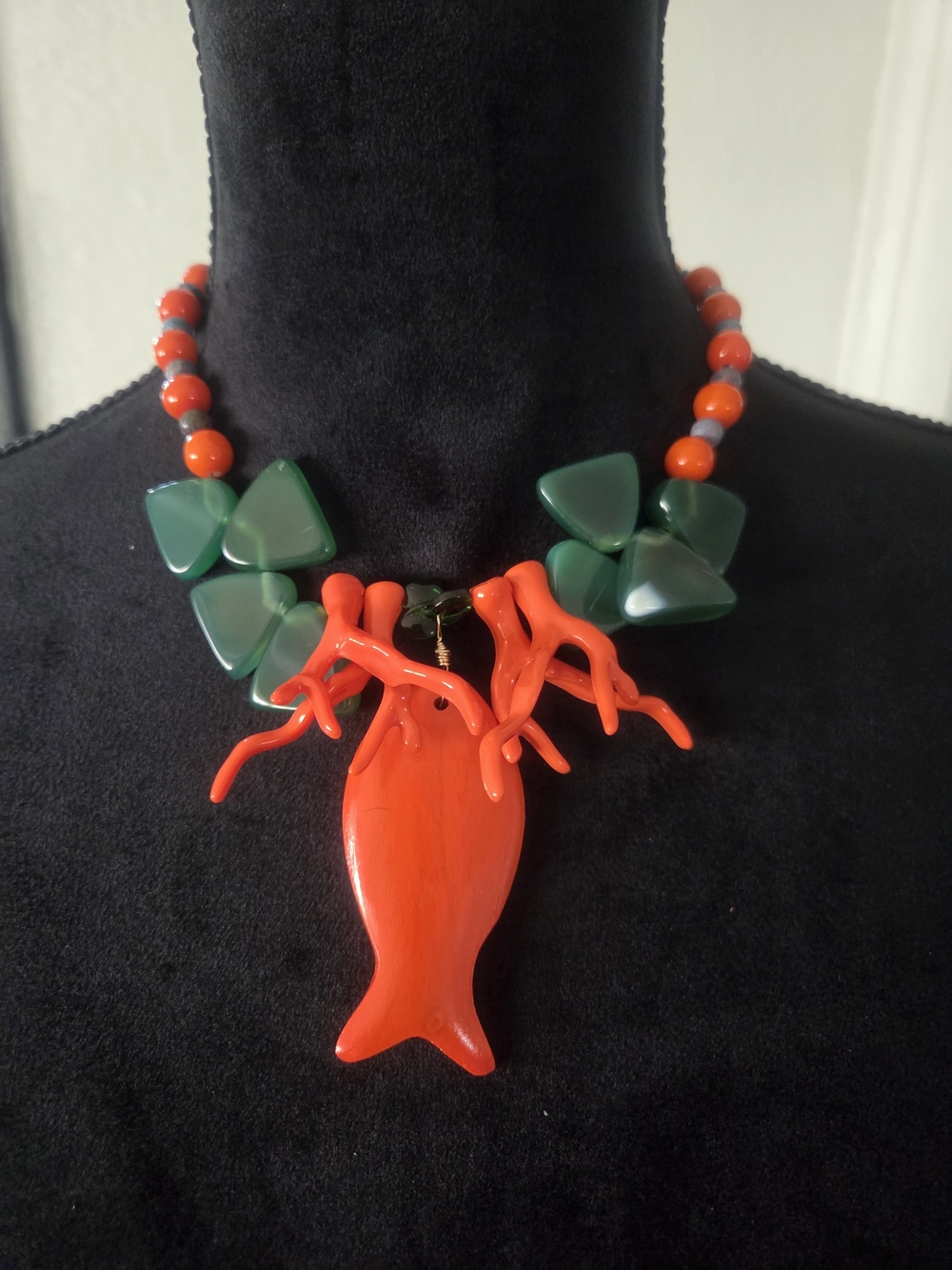Bold Orange Coral Fish Pendant Necklace with Green Accents